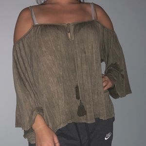 Open Shoulder Womens Blouse Top with Key Hole Cut Out Thin Strap Flowy